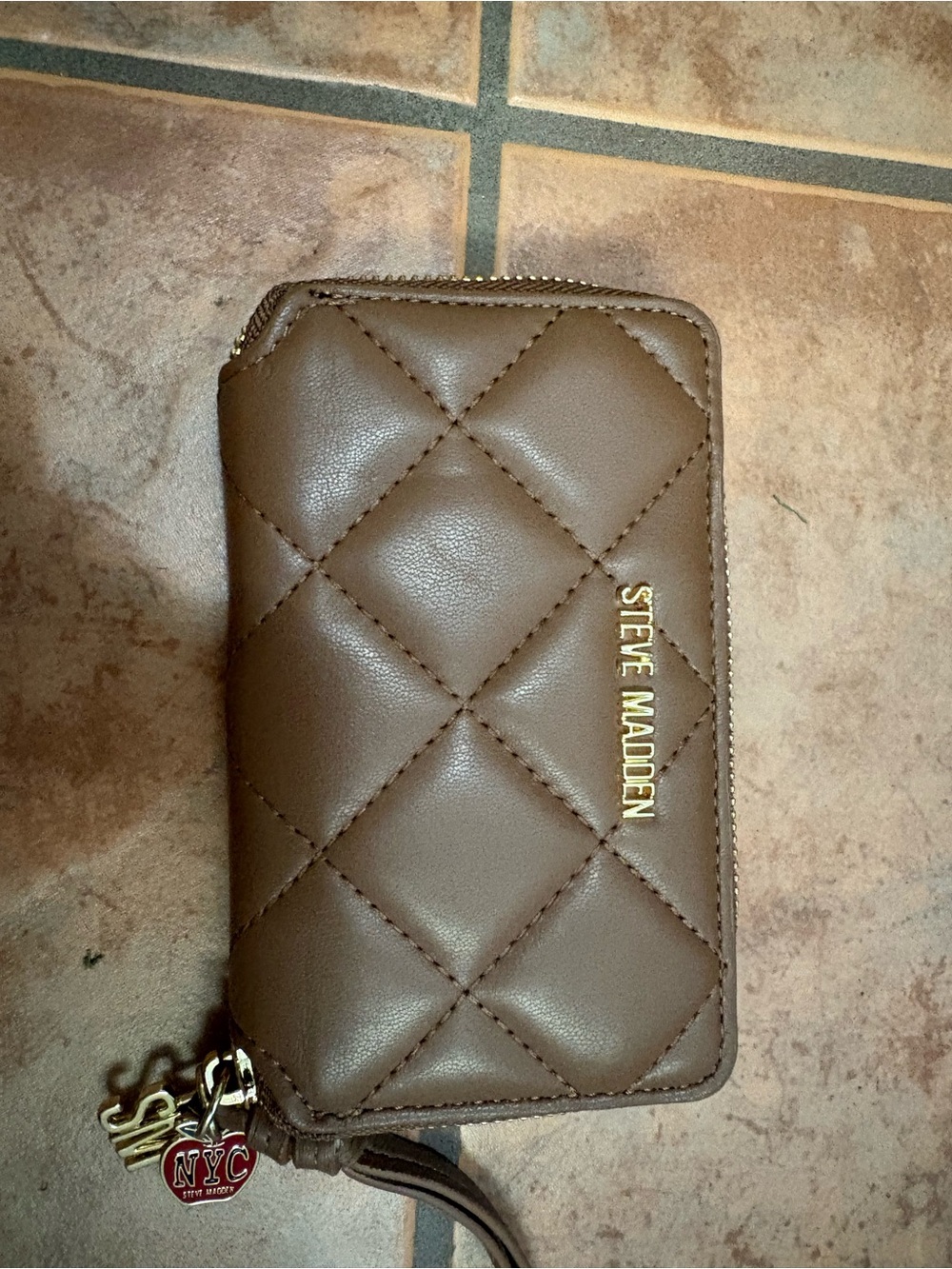 Steve Madden Quilted Brown Wallet with Gold Accents